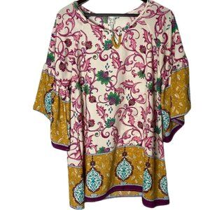 Crepas Size Medium Mini Dress Tunic Mixed Media Colorful Bright Flare Sleeve